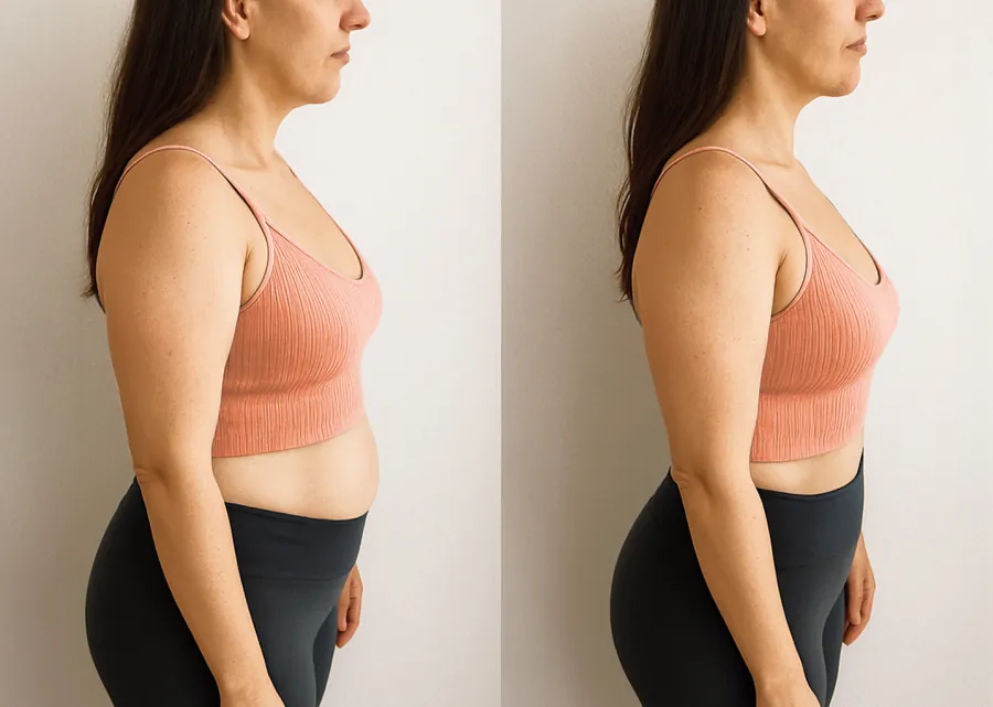 Nuclever Cortisol Manager prima e dopo: pancia gonfia ridotta, profilo laterale