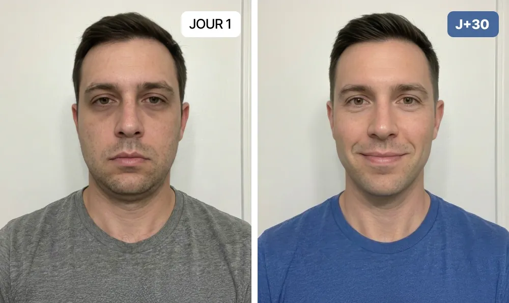 Nuclever Cortisol Manager prima e dopo uomo: viso sgonfio dopo 30 giorni
